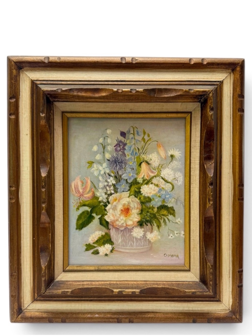 Vintage Original Signed Still Life Pastel Florals in Vase Painting 8x10 Framed